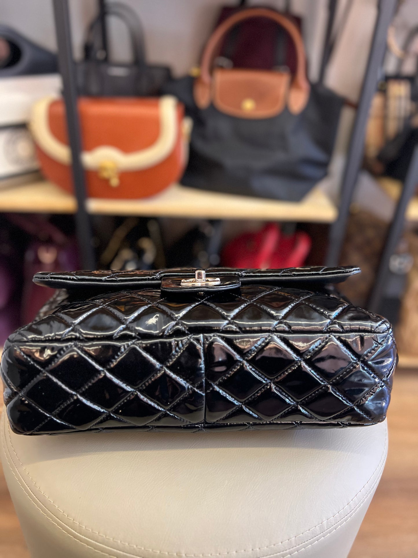 Chanel Single Flap Jumbo Verniz Preta