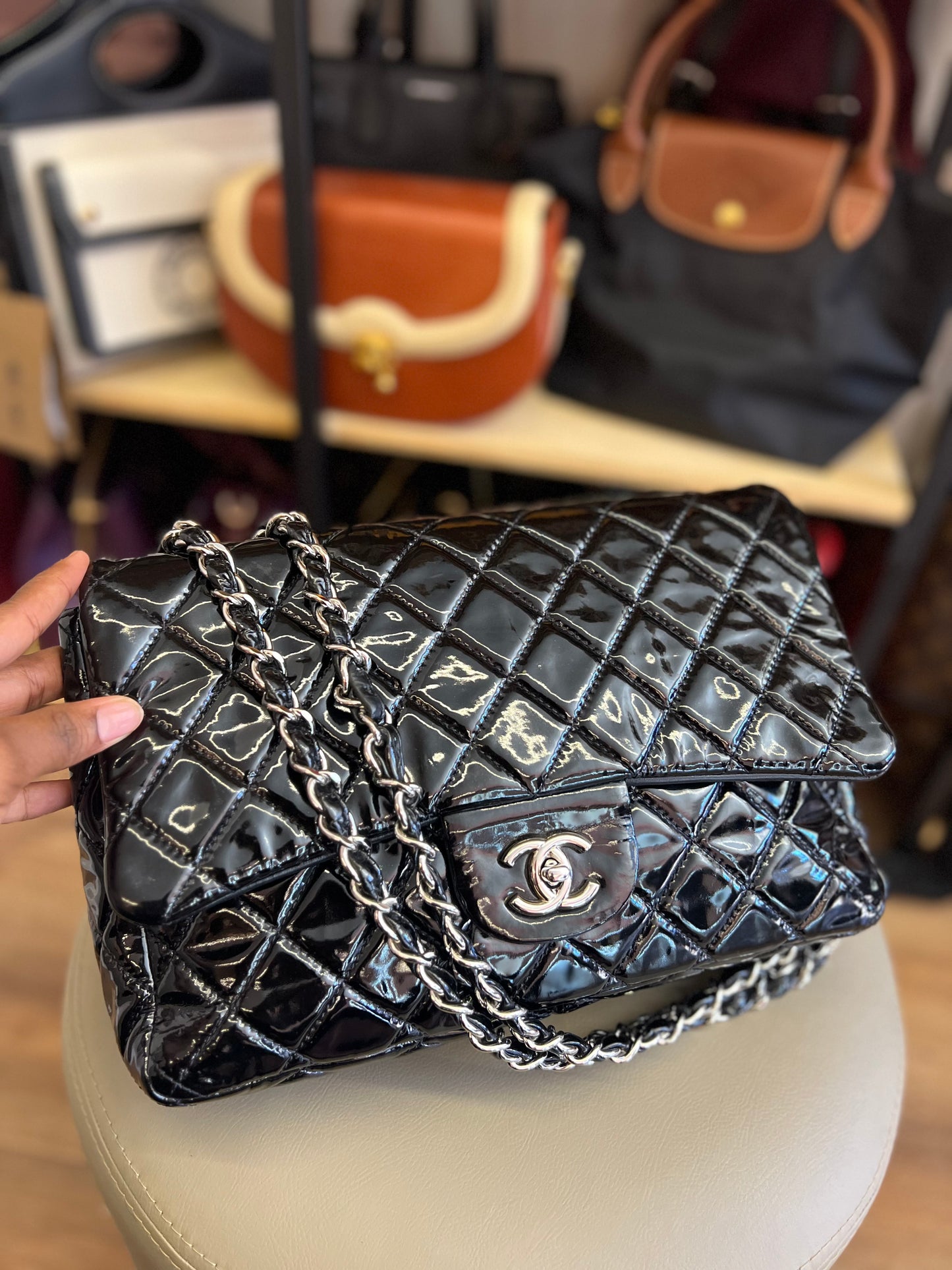 Chanel Single Flap Jumbo Verniz Preta