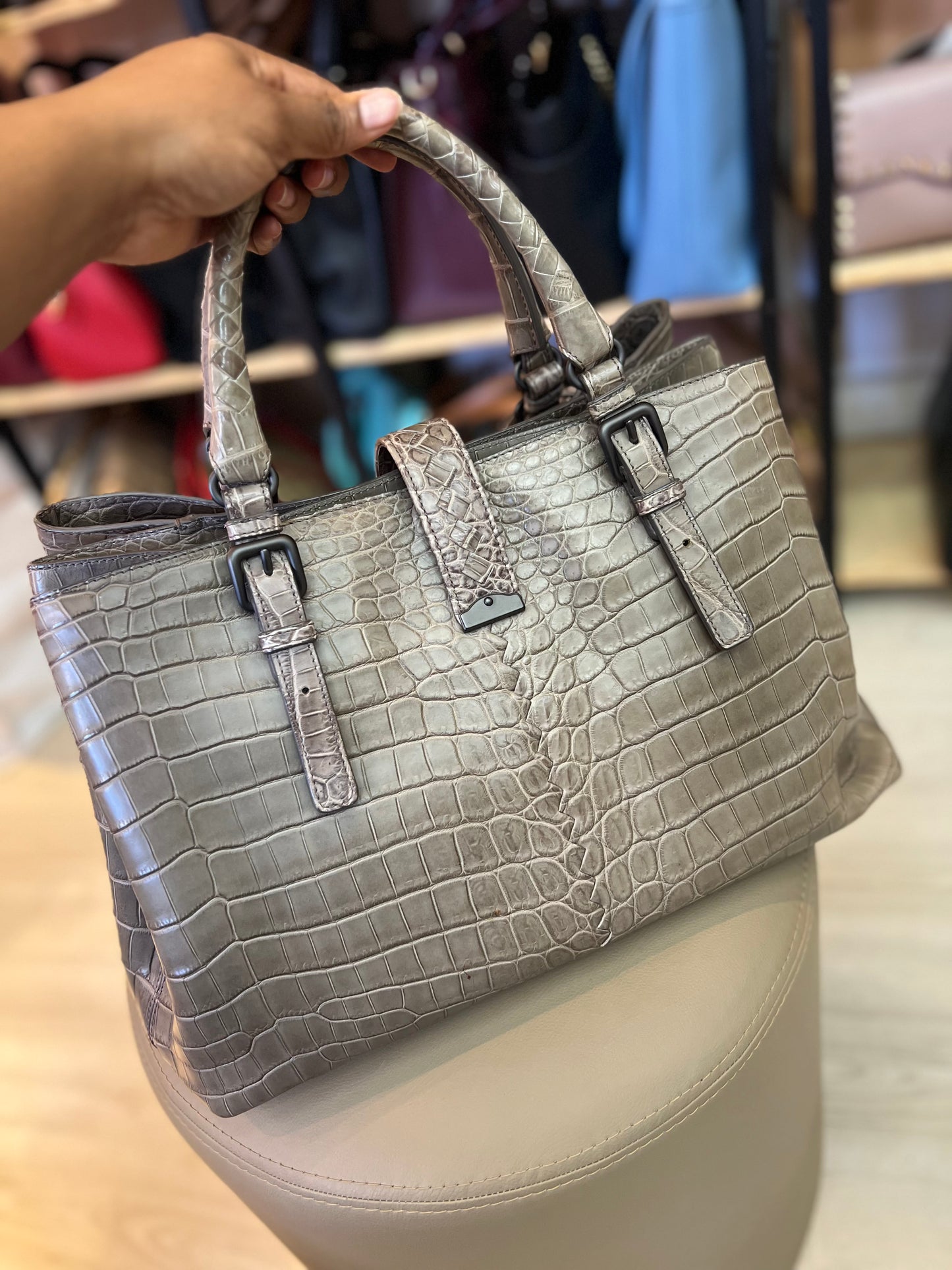 Bottega Veneta Roma Croco Cinza