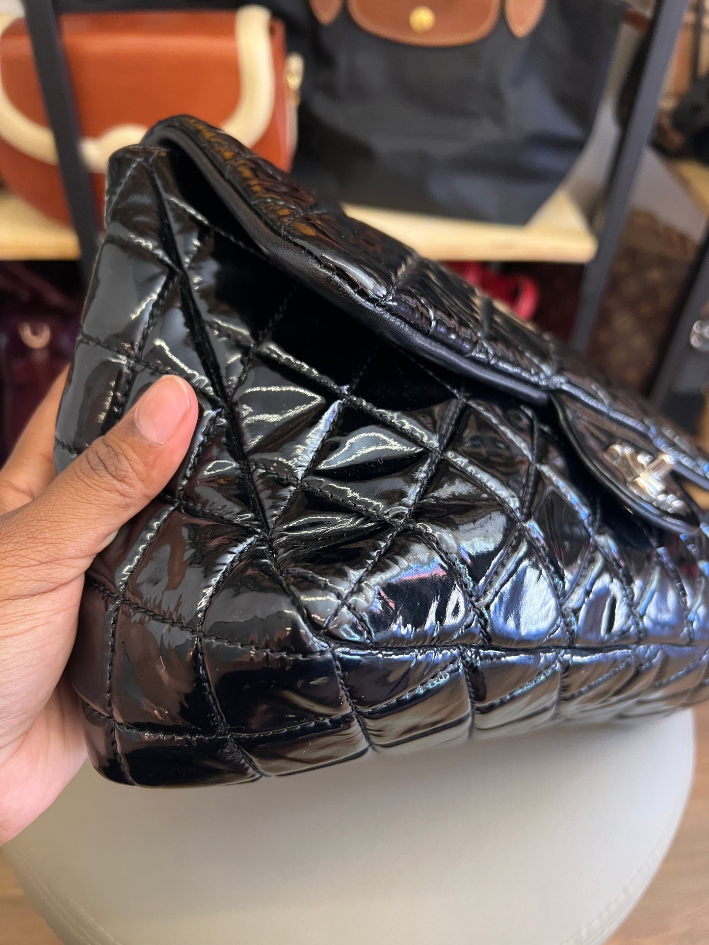 Chanel Single Flap Jumbo Verniz Preta