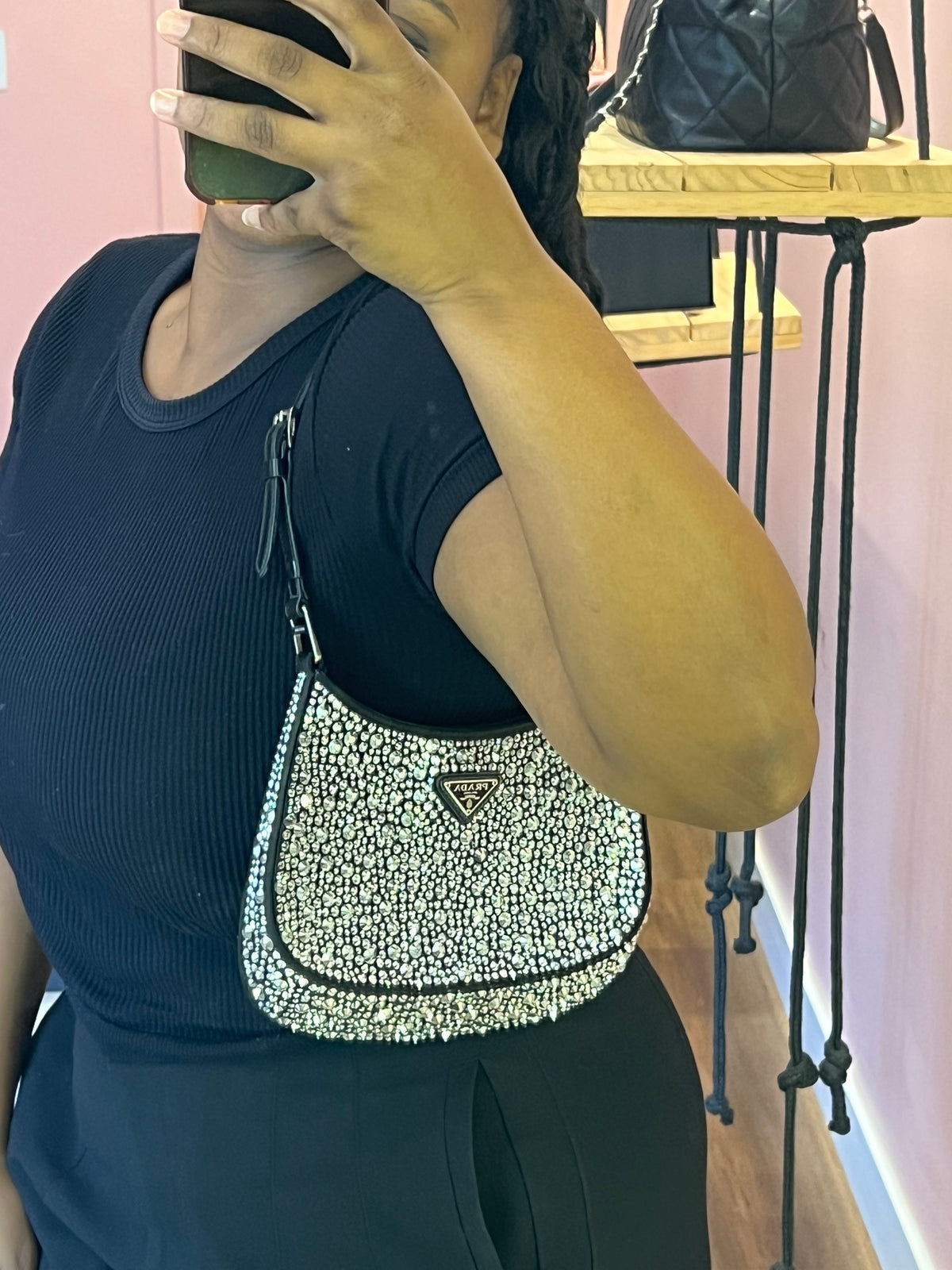 Prada Cleo Cetim com Cristais Preta