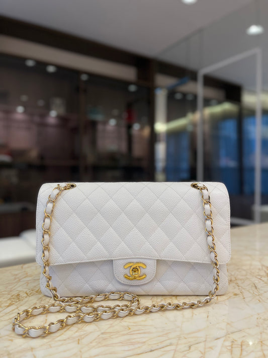 Chanel Classic Double Flap em Couro Caviar Branco