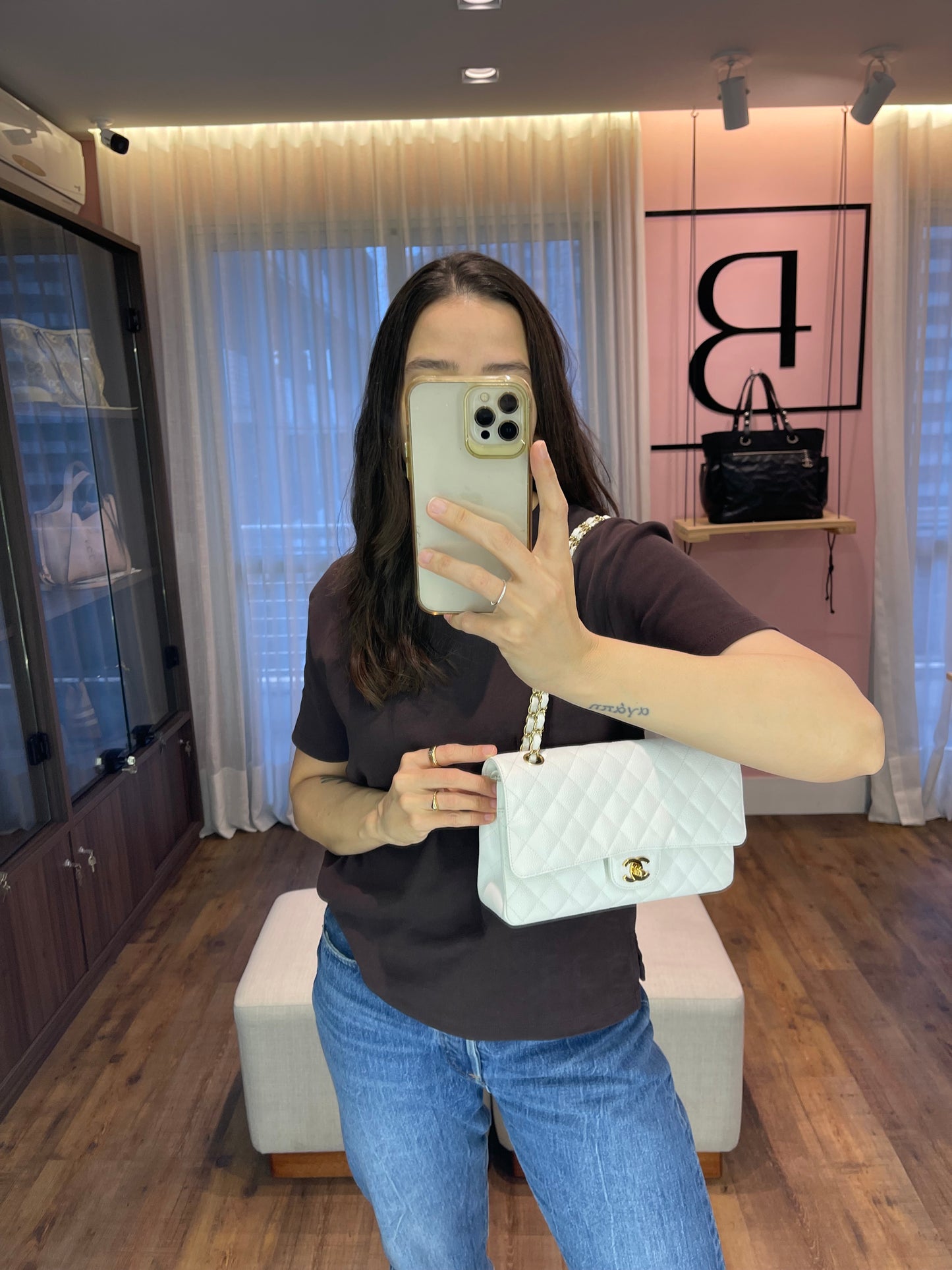 Chanel Classic Double Flap em Couro Caviar Branco
