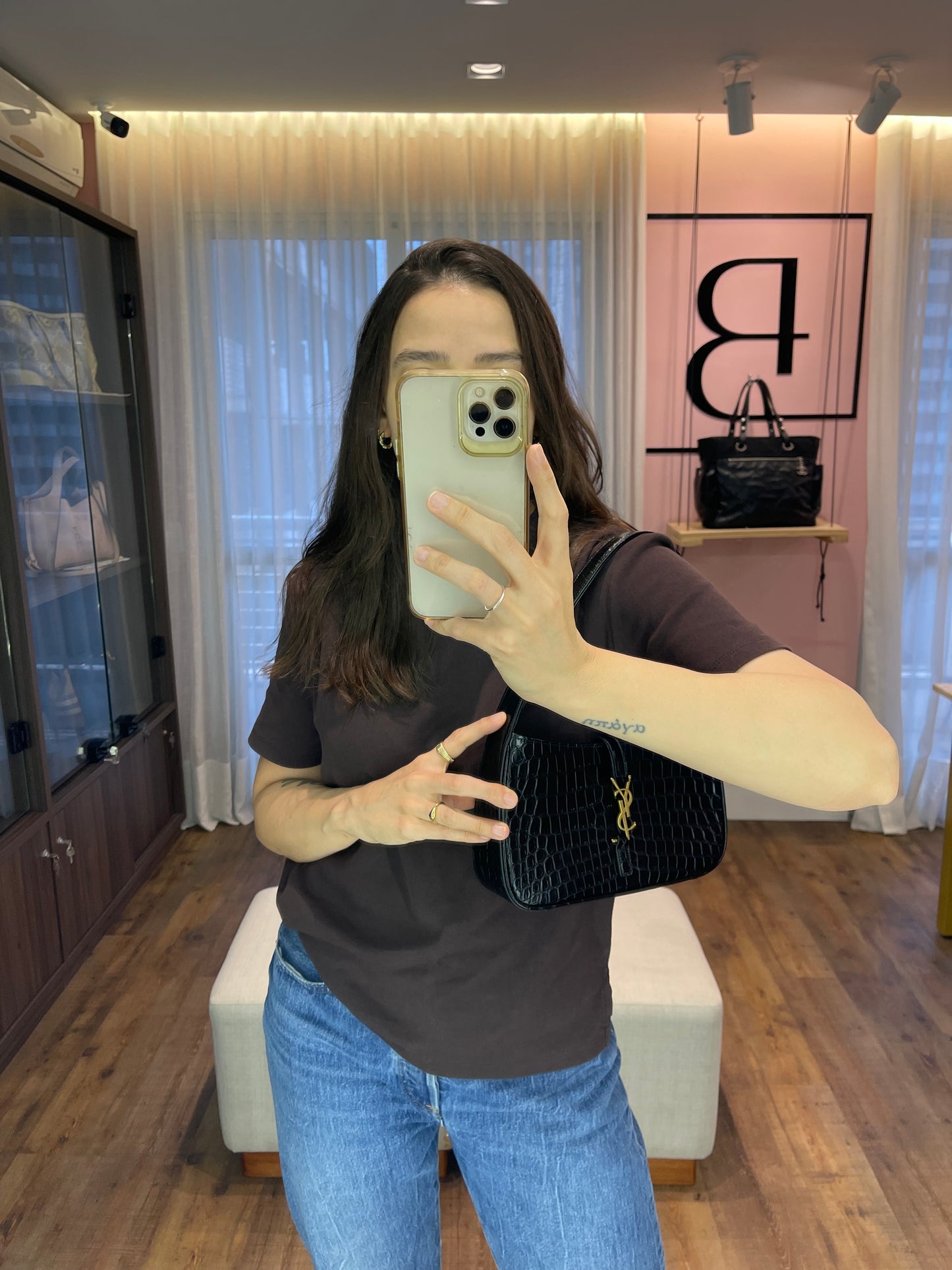 Saint Laurent 5 à 7 em Couro Croco Preto