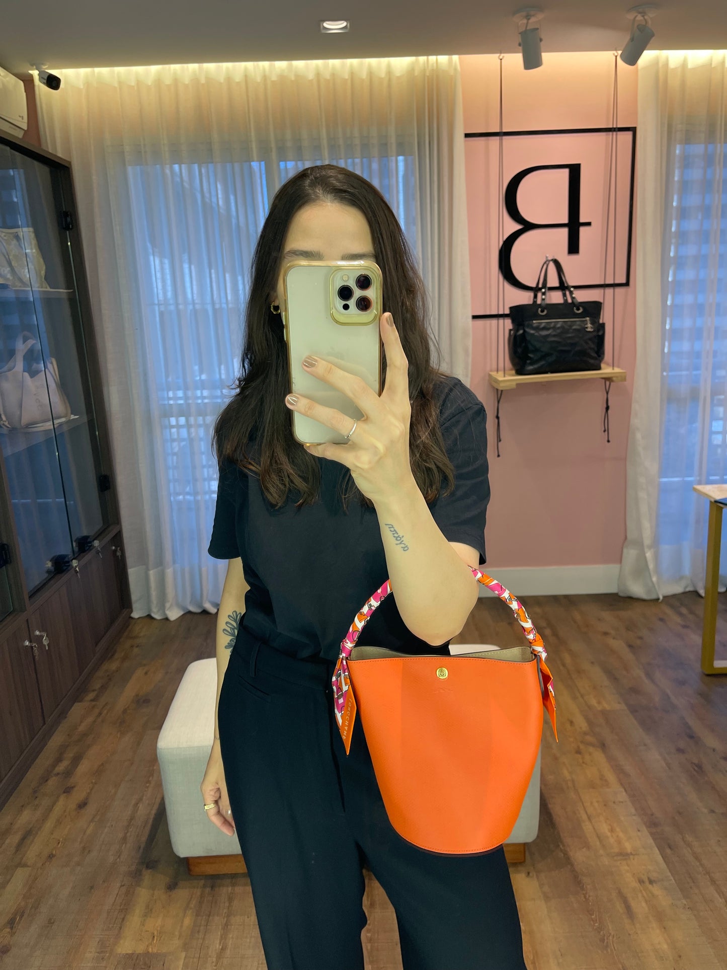 Longchamp Épure Bucket Laranja + Lenço