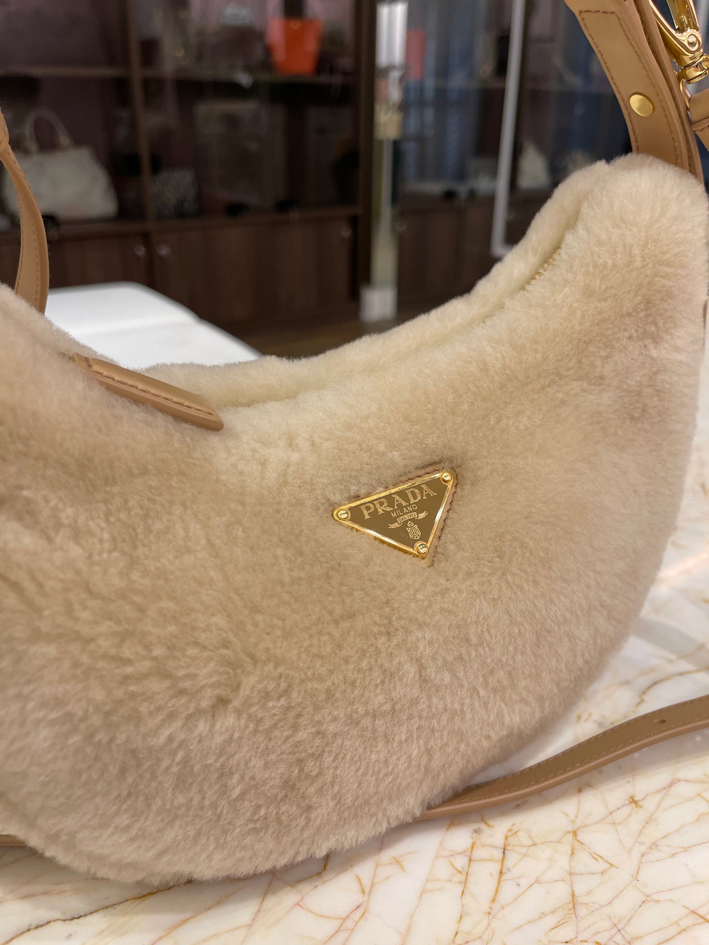 Prada Arqué Shearling Shoulder Bag