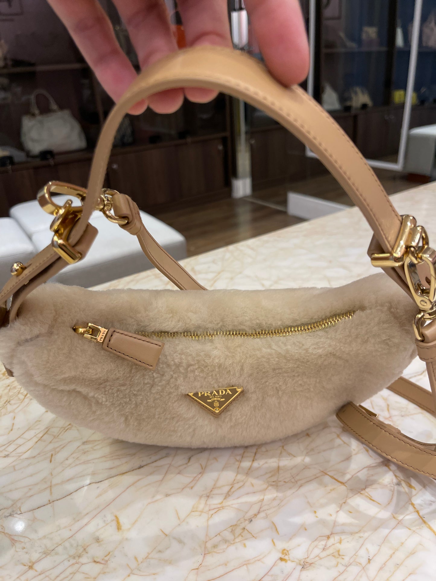 Prada Arqué Shearling Shoulder Bag