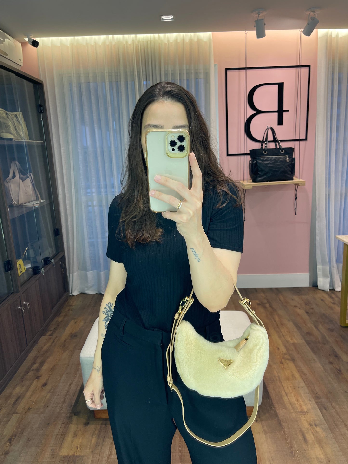 Prada Arqué Shearling Shoulder Bag