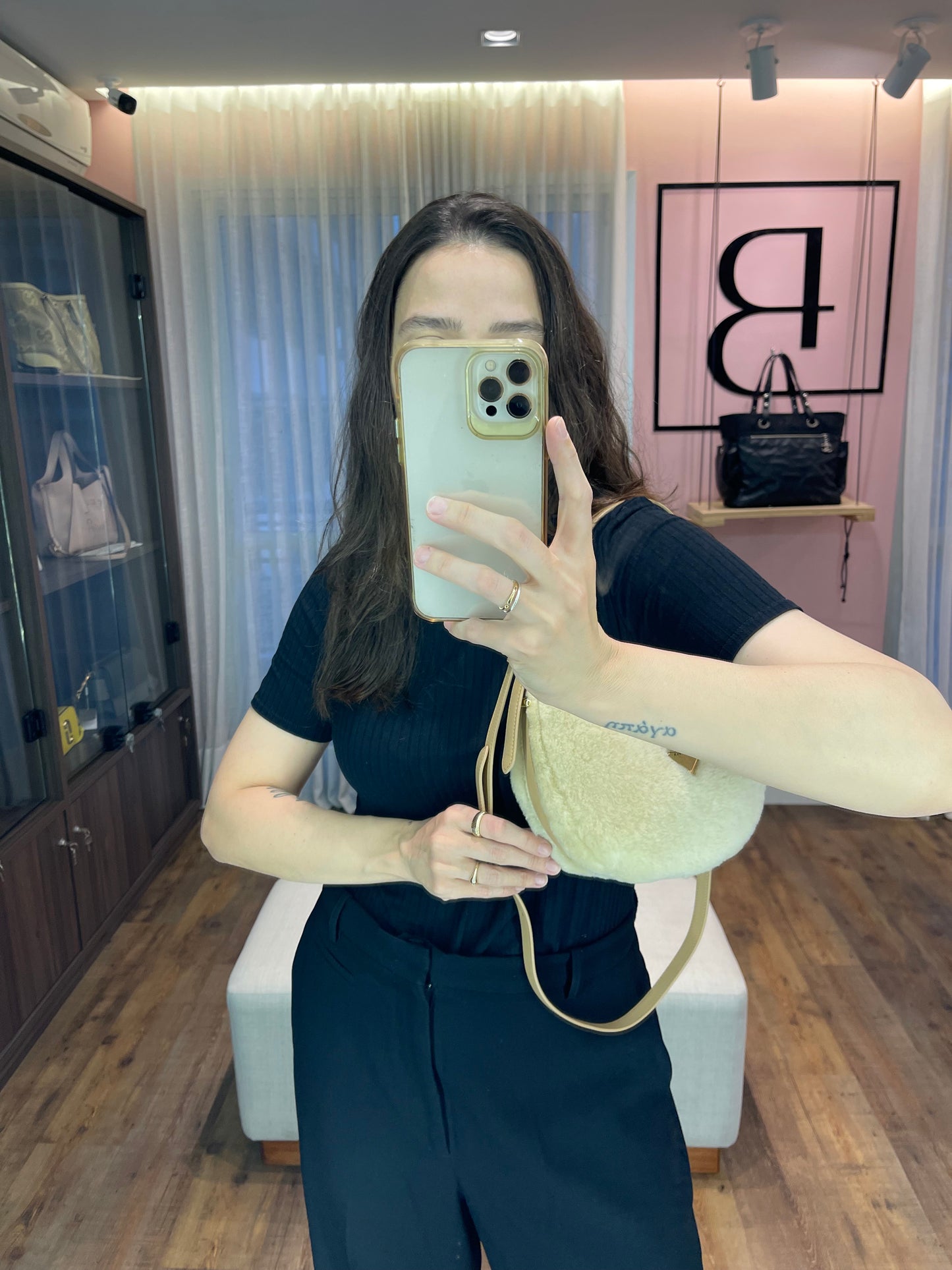 Prada Arqué Shearling Shoulder Bag