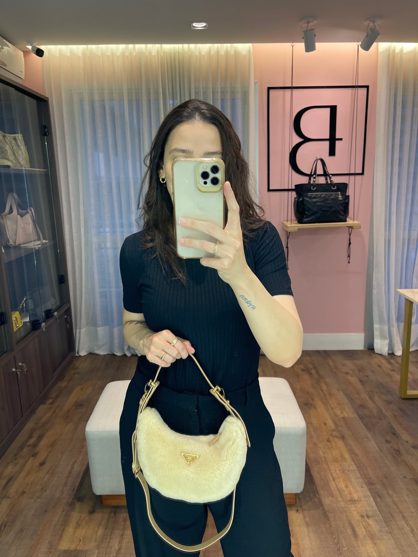 Prada Arqué Shearling Shoulder Bag