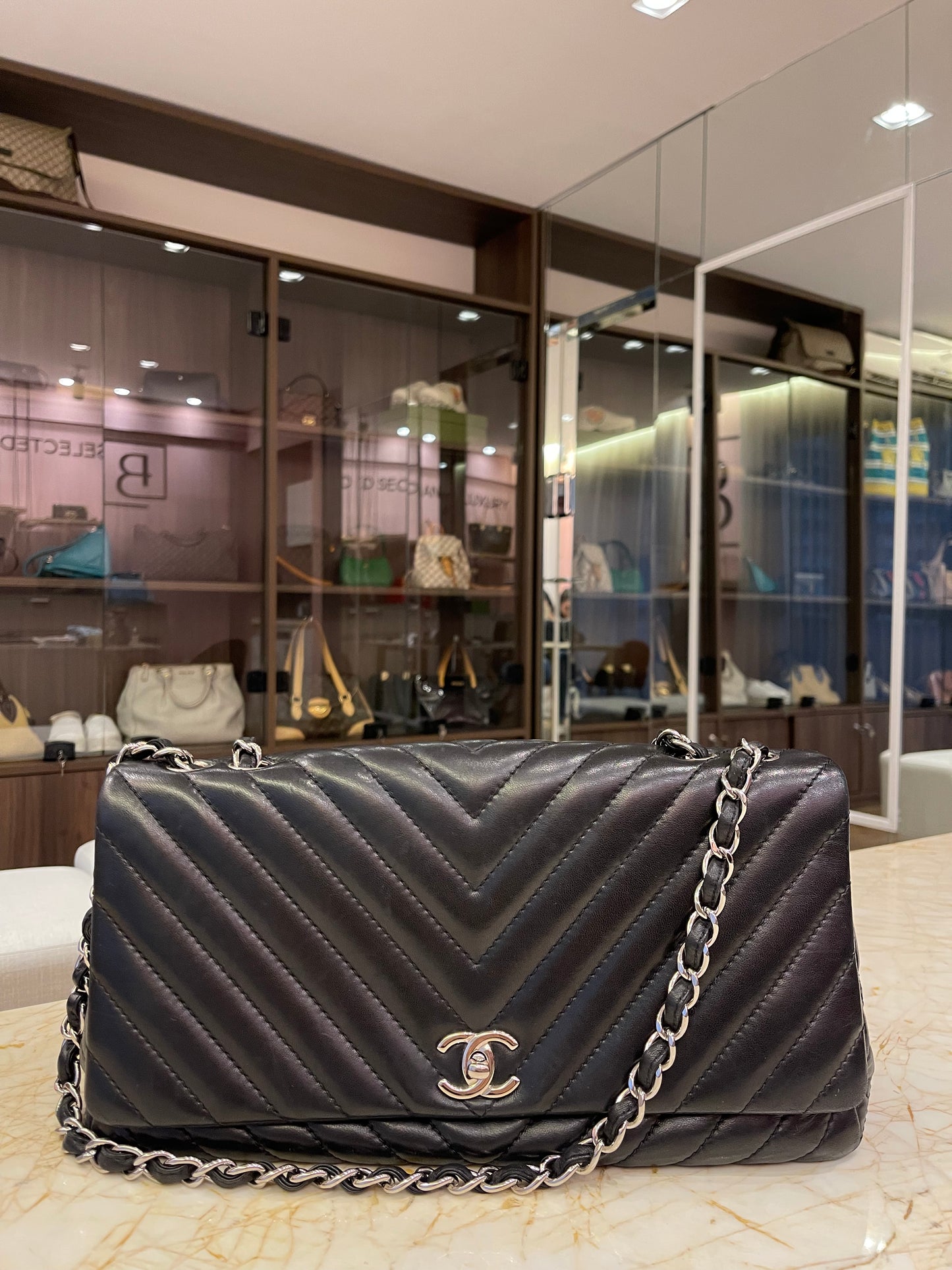 Chanel Surpique Chevron Single Flap