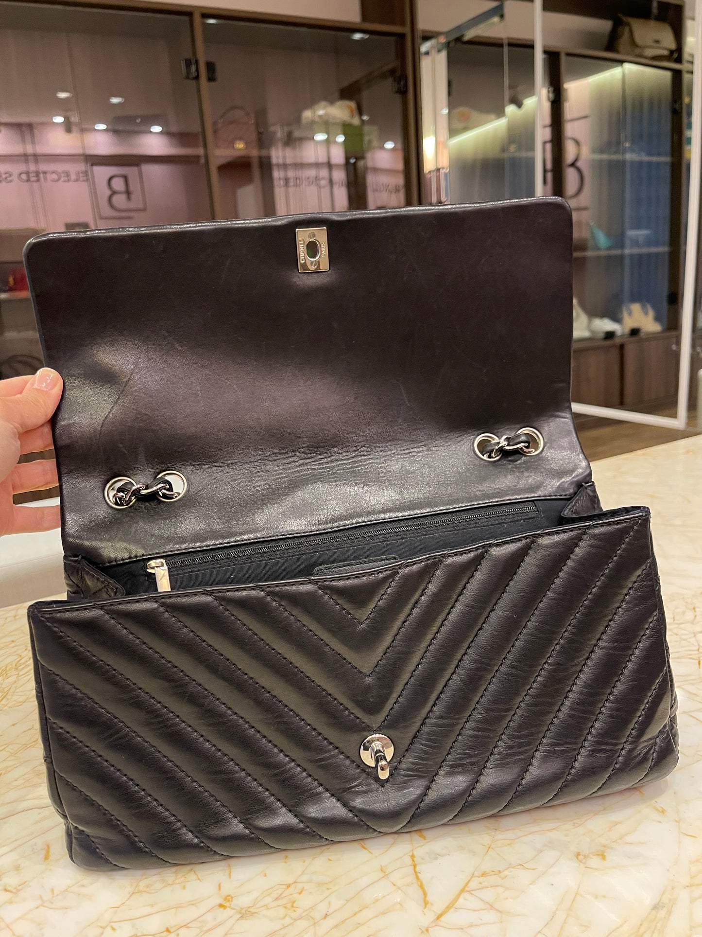 Chanel Surpique Chevron Single Flap