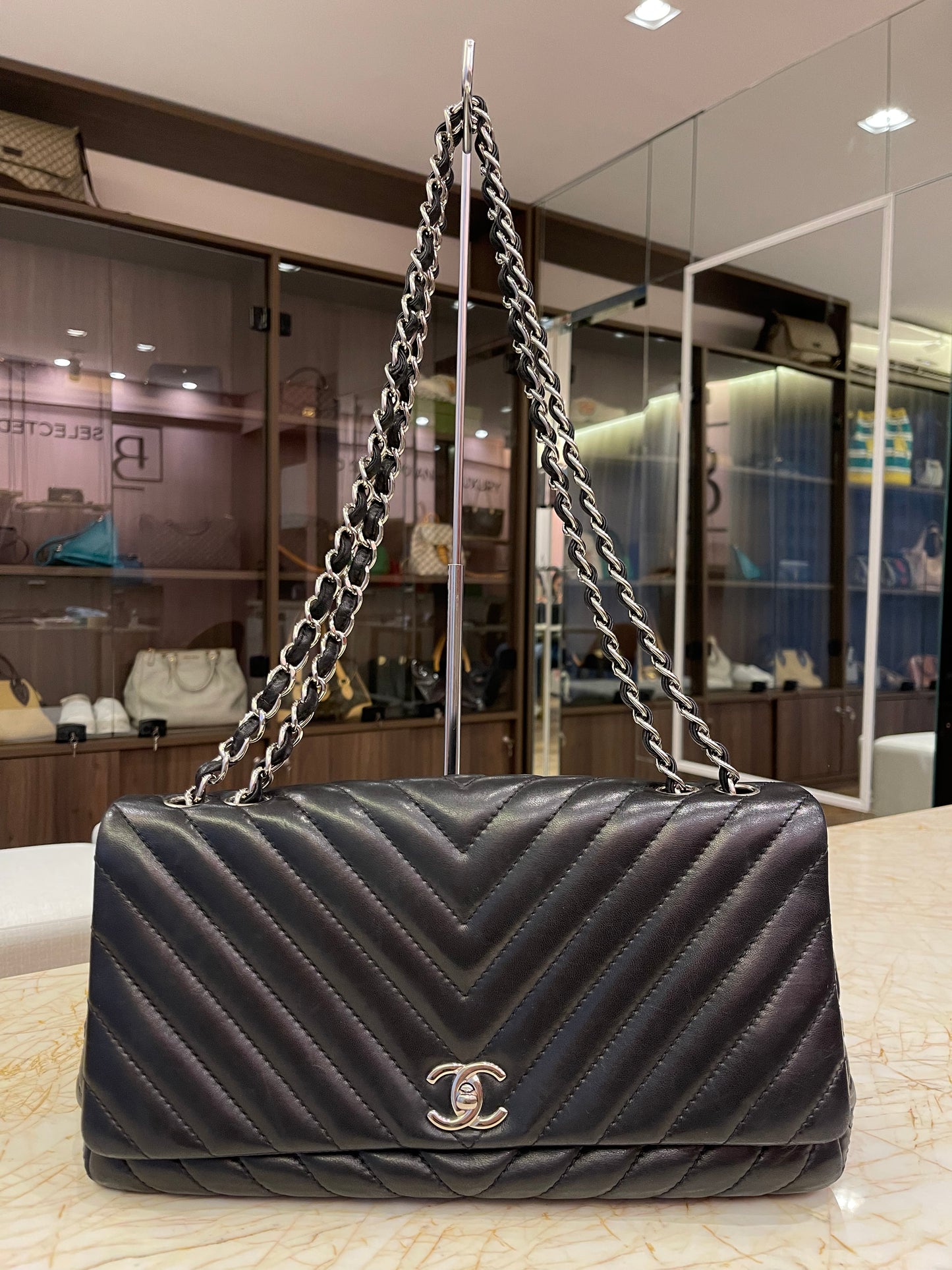 Chanel Surpique Chevron Single Flap