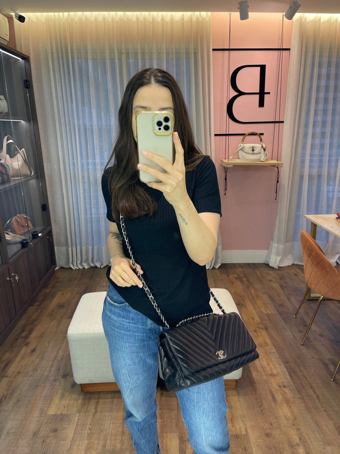 Chanel Surpique Chevron Single Flap