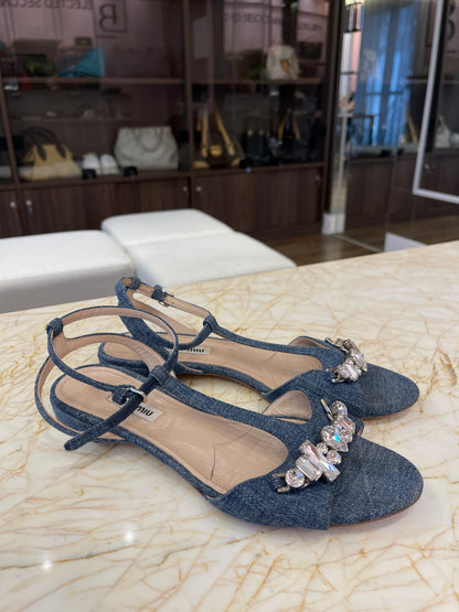 Sandália Rasteira Miu Miu Denim Crystal