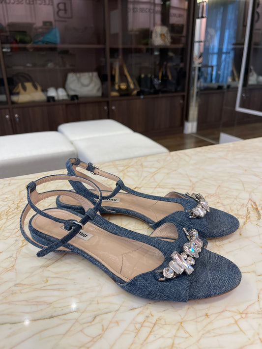 Sandália Rasteira Miu Miu Denim Crystal