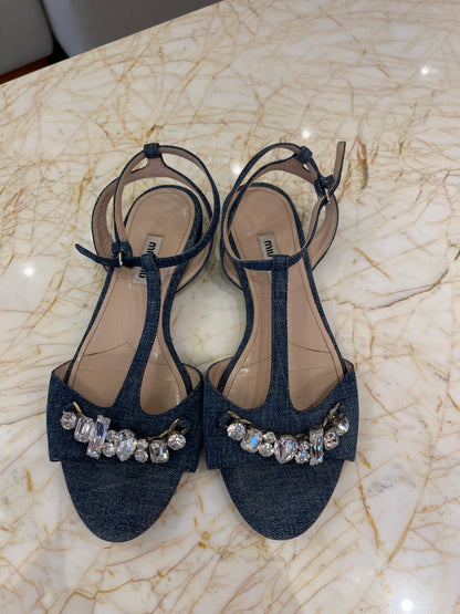 Sandália Rasteira Miu Miu Denim Crystal
