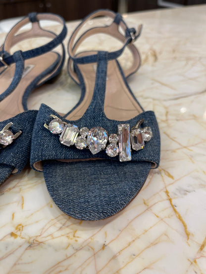 Sandália Rasteira Miu Miu Denim Crystal