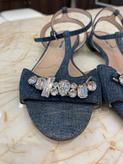 Sandália Rasteira Miu Miu Denim Crystal