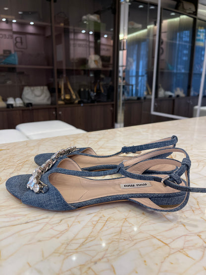 Sandália Rasteira Miu Miu Denim Crystal