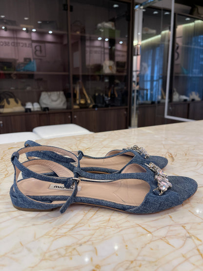 Sandália Rasteira Miu Miu Denim Crystal
