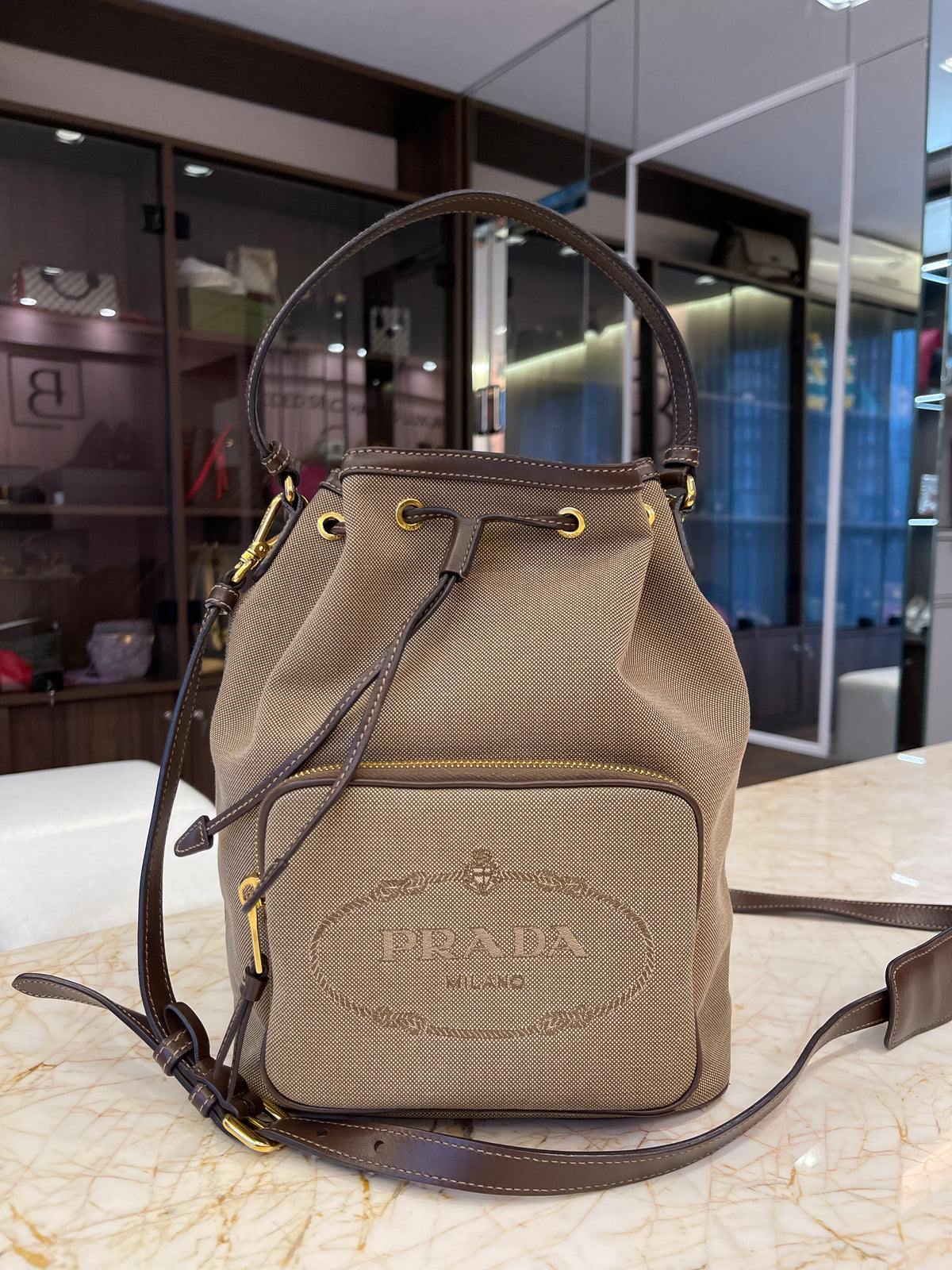 Prada Duet Logo Bucket Jacquard