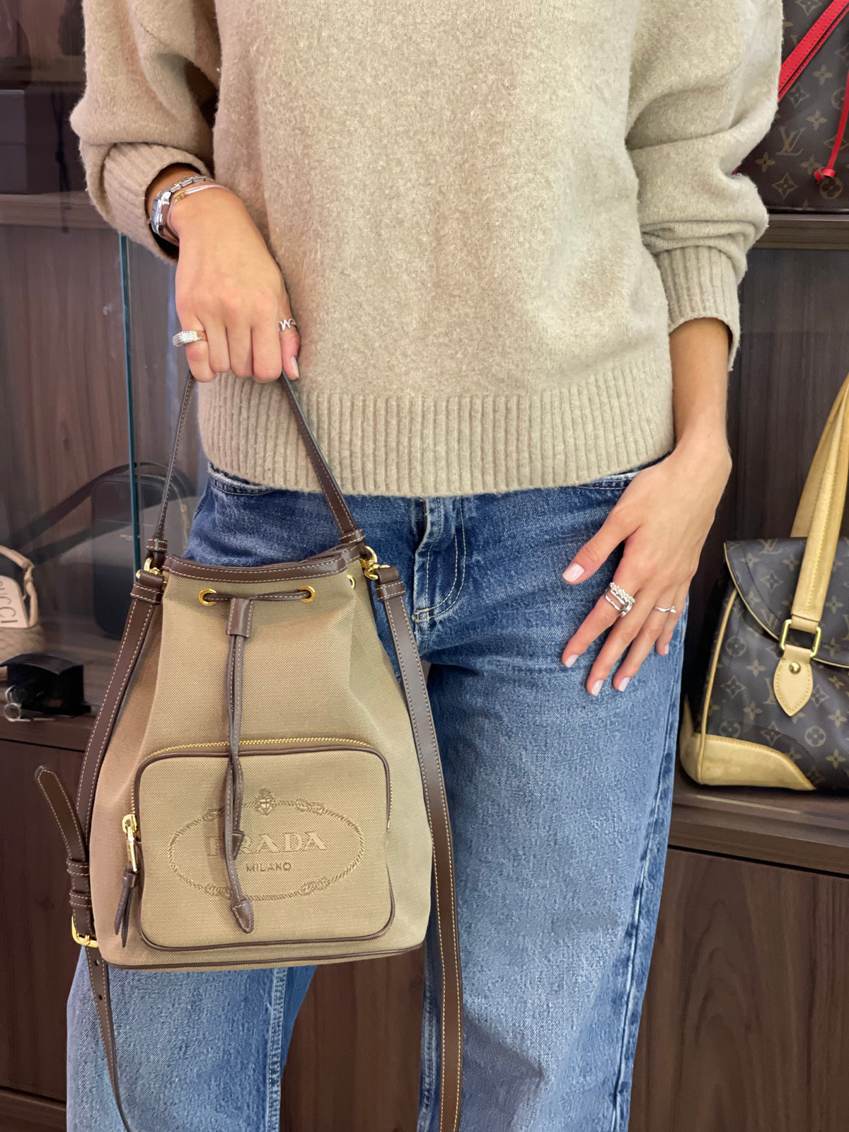 Prada Duet Logo Bucket Jacquard