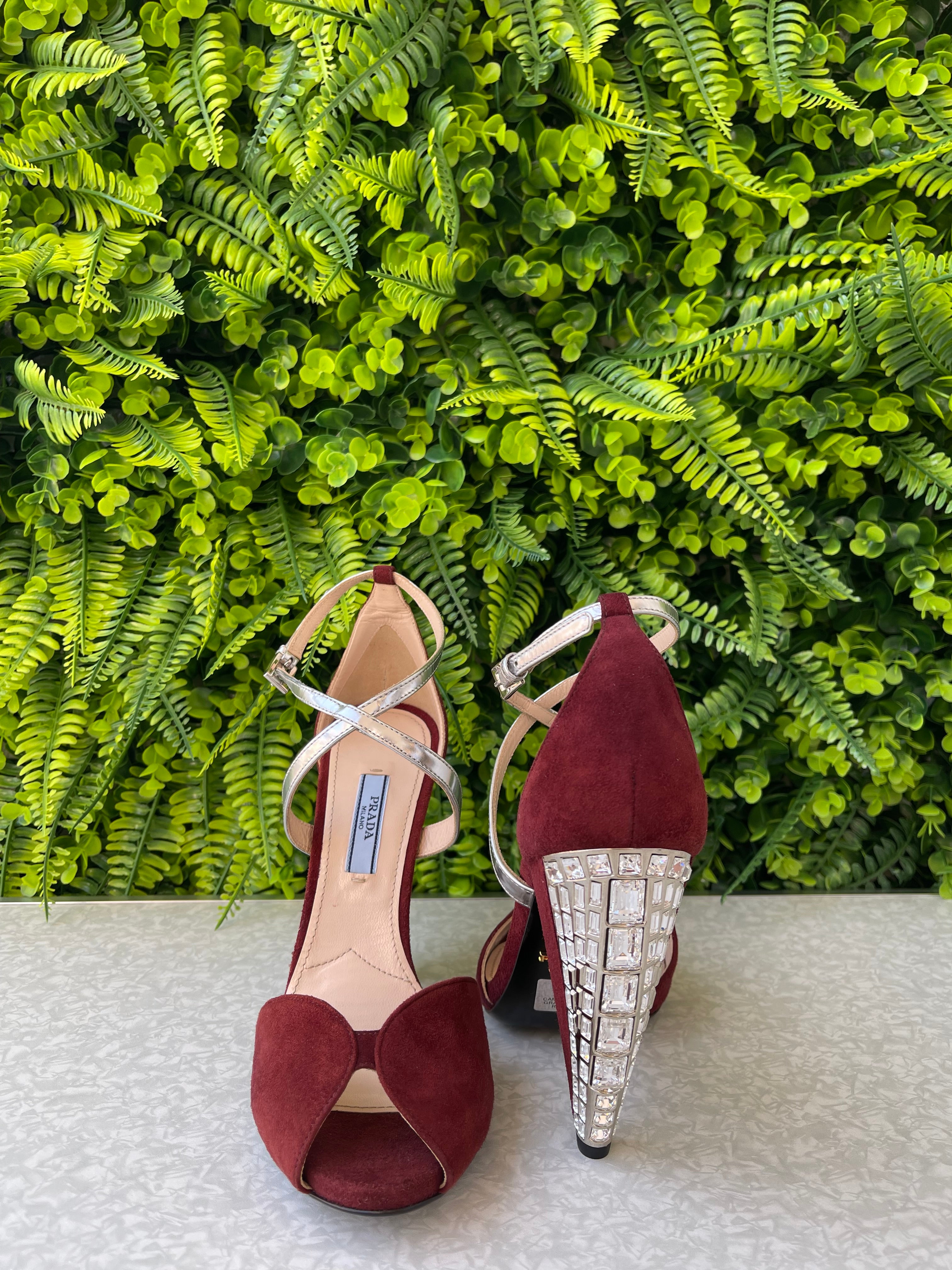 靴 PRADA Suede Leather Heels IT 37 Sandália Prada Suede Vinho – Bela Shop
