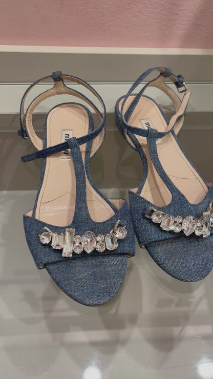Sandália Rasteira Miu Miu Denim Crystal